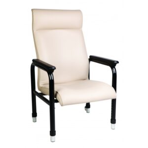 adjustable leather chair with arms, headrest and rollies at the back